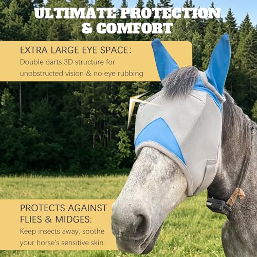 Horse Fly Mask with Ears, Breathable UV Protection Mesh, Large Eye Space No Rubbing, Soft Fleece Trim, Adjustable Comfort Fit, Lightweight Horse Mask for Summer Turnout (M) - size: Medium