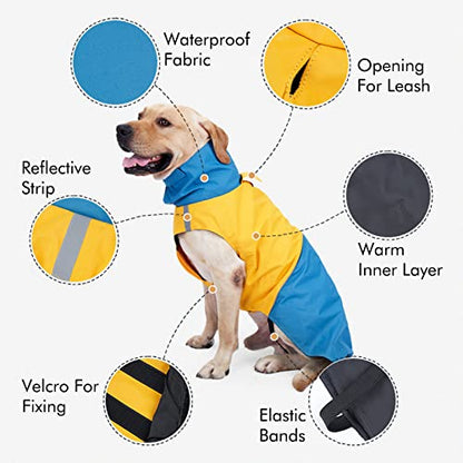 Dog Winter Coat, X-Small, Blue+Yellow, Waterproof, High-Collar, Reflective Strip, Leash Hole, Polyester - color: Blue+Yellow, size: X-Small