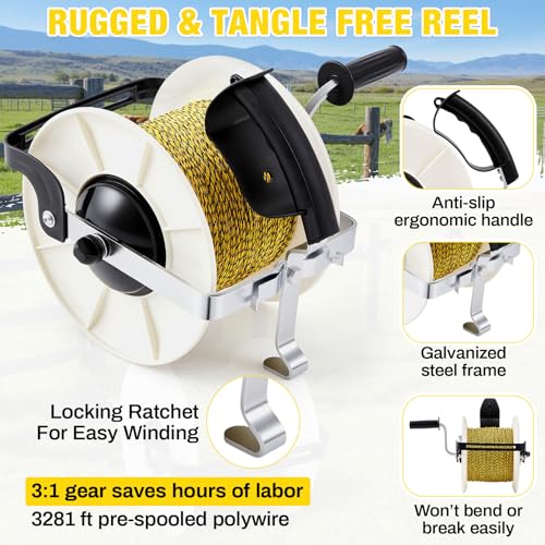 Electric Fence Reel Kit with 3281 ft Polywire, 3:1 Geared Reel - size: 3281 ft X 1 Standard Reel X 1 Guide