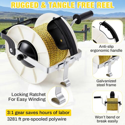 Electric Fence Reel Kit with 3281 ft Polywire, 3:1 Geared Reel - size: 3281 ft X 1 Standard Reel X 1 Guide