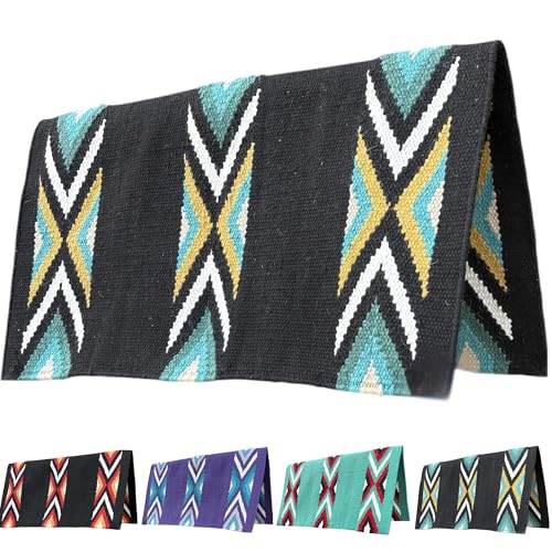 Majestic Ally Western Saddle Blanket, Canyon Diamond Design, New Zealand Wool, Handwoven Horse Tack, 36x34 Inches - color: Black Turquoise