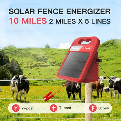 Solar Electric Fence Charger-0.3J-10 Miles, Maximum Output Voltage 10200V- Provide 24-Hour Uninterrupted Protection for Livestock and Yards with Rechargeable Solar Panel Red