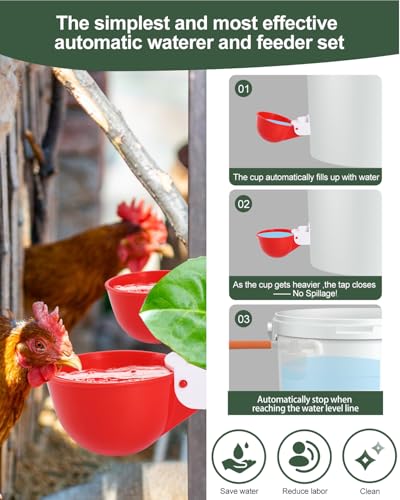 DIY Automatic Chicken Waterer Kit with 4 Cups & Float Valve | Full Kit with Drill Bits & Hose Clamps, Leak-Proof Seal, 304 Stainless Steel Parts for Backyard & Farm Poultry