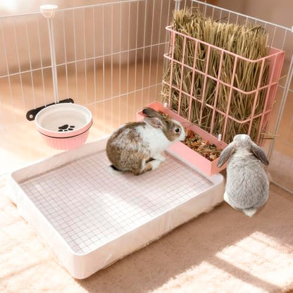BESNEW 3 in 1 Rabbit Hay Feeder with Litter Box,Upgraded Metal Hay Rack & Litter Tray & Water Bowl,Quick Cleaning,Easy to Install,Bunny Supplies for Rabbit Guinea Pig Chinchilla Small Animals - color: Pink, size: 10in set