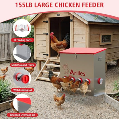 Automatic Chicken Feeder Box, 120lb Capacity, 10 No-Waste Ports, Metal Poultry Feeder with Covered Lid & Elevated Stand, Feed Dispenser for Chickens, Ducks & Backyard - size: 120 LB