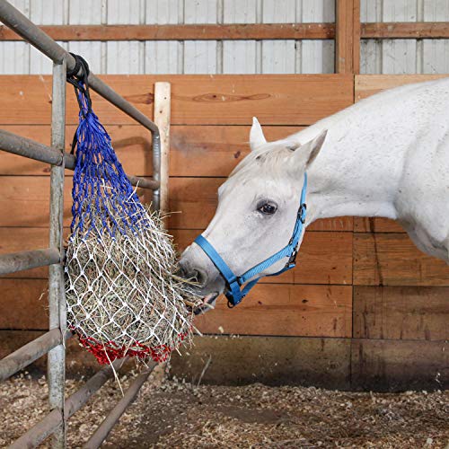 Majestic Ally 2 pcs Slow Feed 42” Hay Net for Horses, Strong Small 2x2” Holes, Nylon Rope Hanging, Adjustable Travel Feeder for Trailer and Stall, Simulates Grazing, Reduce Waste - color: Hurricane Blue