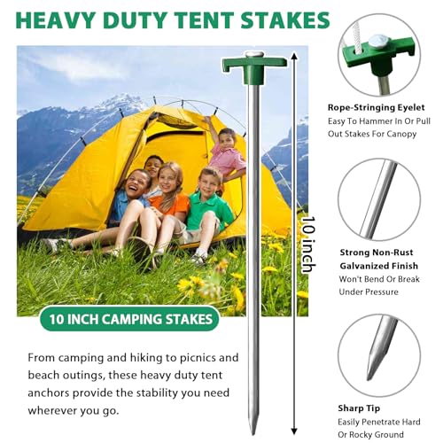 Eurmax USA 10-Pack Secure Protection Galvanized Tent Stakes,Rust-Proof Steel Canopy Anchors for High Winds,Heavy Duty Commercial Ground Pegs for Camping,Pop Up Tents&Gazebos - Includes 4x10ft Ropes - color: Green, style: Stakes 10-pack