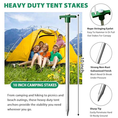 Eurmax USA 20-Pack Secure Protection Galvanized Tent Stakes,Rust-Proof Steel Canopy Anchors for High Winds,Heavy Duty Commercial Ground Pegs for Camping,Pop Up Tents&Gazebos - Includes 4x10ft Ropes - color: Green, style: Stakes 20-pack
