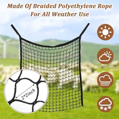 2 Pcs Horse Hay Net with Carabiners, Large Capacity Slow Feed Hay Bag for Horses, Durable Polyester Flat Feeder for Goats and Livestock (31.5" X 35.4")