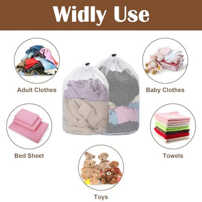 2Pcs Mesh Laundry Bags, White Travel Small Laundry Sock Bag, Machine Washable Drawstring Mesh Bags, Sock Bag for Home Dorm Hotel Travel Use(12×16Inch, 16×20Inch)