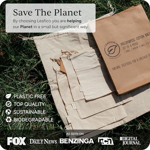 LEAFICO Multipurpose Eco Cloth Bags - Large 10x12 Inch (12 Pack) - Cotton Produce Storage Sacks - Muslin Drawstring Pouches for Vegetables - Bread Bags - Fabric Sachets - size: Large 10x12"