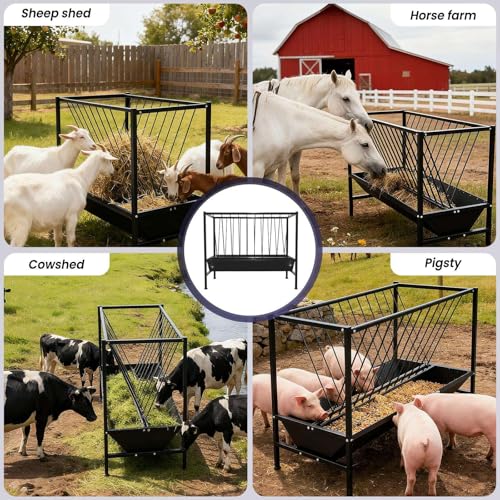 2-in-1 Goat and Sheep Hay Feeder 45 Gallon, Heavy Duty Galvanized Steel Pasture Feeder with 25 Gallon Grain Pan - Large Capacity, Double Row Screws, Rust Prevention for Calf, Pig