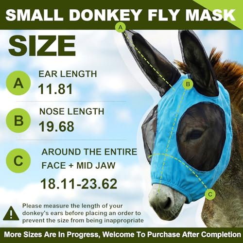 Small Donkey Fly Mask with Ears Protection, Stretchy Mule Mask with Big Mesh Eye Covers, Soft on Skin, Comfortable Breathable Protection from Insects and Bugs - color: Blue, size: Small