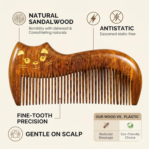 Cute Cat Natural Sandalwood Hair Comb, Gilded Wooden Hair Comb