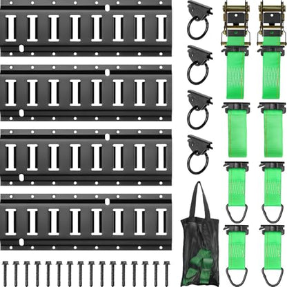 E Track Tie-Down Rail Kit, Trailer Tie Downs, 31 Pcs Set Etrack kit | 4 Rails, 4 Rope Tie Offs, 4 O Ring Anchors, 2 10ft Straps, Securing Accessories for Garages, Vans, Trailers, Cargo (Green) - color: Green
