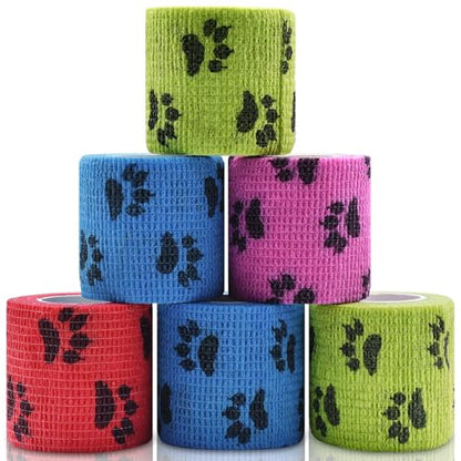 6 Roll 2 Inch x 5 Yards Paw Print Pet Vet Wrap for Dogs Cats, Cohesive Bandages in Bulk, Colorful Non-Woven Self Adhesive Bandages Wrap Roll for Pet Animals Wound Care, Ankle Sprains and Swelling