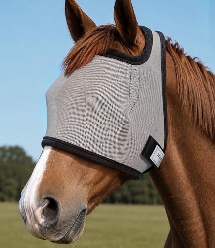 Fly Masks for Horses Without Ears, Horse Fly Mask, Forelock-Opening Design | Non-Heat-Transferring Mesh w/ UV Protection, Safe Eye Distance Fly Mask, for Turnout/Trail Riding/Pasture, Gray L - color: Gray, size: Large