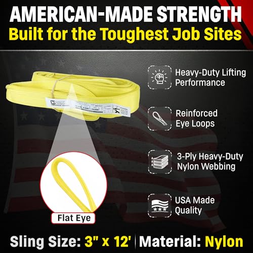 3" x 12' Nylon Lifting Web Sling – USA Made, 12,300 lb Vertical, 9,900 lb Choker, 24,600 lb Basket – 3 Ply Heavy Duty 900 Webbing, Type 3 Flat Eye & Eye Rigging Sling (3" x12') - size: 3"x12'
