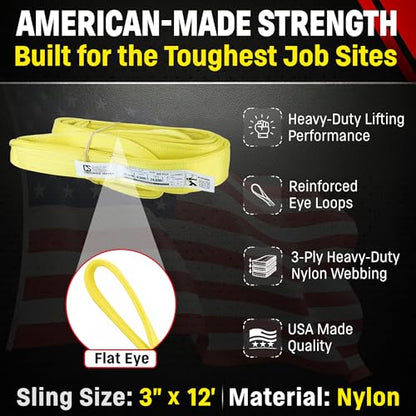 3" x 12' Nylon Lifting Web Sling – USA Made, 12,300 lb Vertical, 9,900 lb Choker, 24,600 lb Basket – 3 Ply Heavy Duty 900 Webbing, Type 3 Flat Eye & Eye Rigging Sling (3" x12') - size: 3"x12'