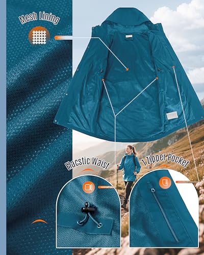 33,000ft Women's Waterproof Rain Jackets Long Rain Coats with Hood - color: Ceramic Blue, size: X-Small