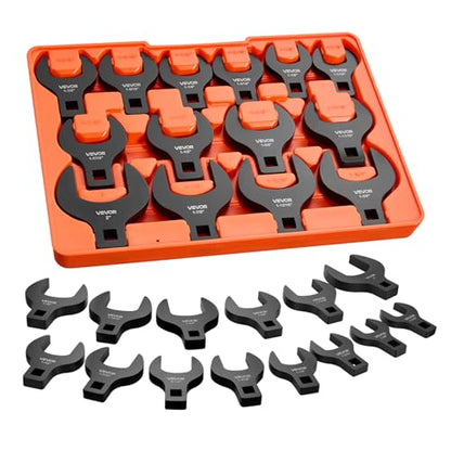 VEVOR Crowfoot Wrench Set, 1/2" Drive, 14-Piece SAE 1-1/16" to 2" Crows Foot Wrenches, with Storage Tray, Dual Size Markings on Tools and Tray, for Auto Maintenance or Repairs - size: 1/2" 14 PCS Black
