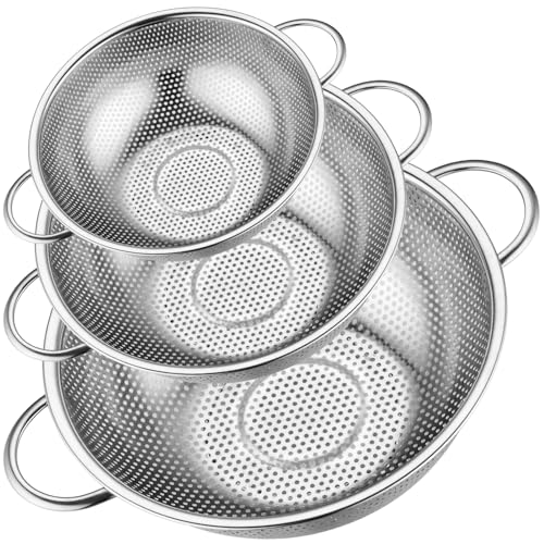 Leonyo Stainless Steel Colanders and Strainer Set, 3 Pack(1-3-5Quart) | Non-Toxic Metal Strainers and Colanders, Micro-Perforated Colander for Kitchen Draining Rinsing Steaming,Dishwasher Safe