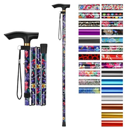 supregear Folding Cane, 5-Level Adjustable Height Walking Stick Lightweight Collapsible Portable Travel Cane with Wrist Strap and T Handle for Elderly Disabled Men Women - color: Black Large Floral