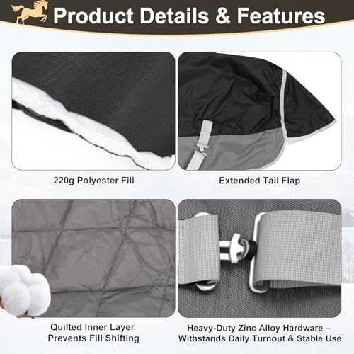Winter Blanket for Mini Horse, Pony, Donkey, Llama, Alpaca, Small Equine- 220g Filled Medium Weight Winter Horse Blanket - 1200D Water Resistant (45'') - size: 45''