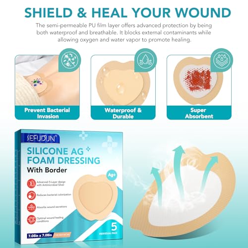 Silicone Foam Dressing Ag Sterile Wound Bandage with Waterproof Gentle Silicone Adhesive Border, 7"x7" Breathable Ultra Absorbent Pads (7.08x7.08 Inch (Pack of 10)) - size: 7.08x7.08 Inch (Pack of 10)