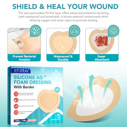 Silicone Foam Dressing Ag Sterile Wound Bandage with Waterproof Gentle Silicone Adhesive Border, 7"x7" Breathable Ultra Absorbent Pads (7.08x7.08 Inch (Pack of 10)) - size: 7.08x7.08 Inch (Pack of 10)