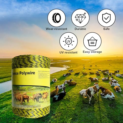 Upgraded Electric Fence Polywire 1312feet 400 Meters,1/8 Diameter Portable Electric Fencing Polywires, 6 Stainless Steel Strands ，Easy to Install,Portable Electronic Fence,Yellow and Black - size: 1312Ft/400M