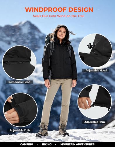 wantdo Women's Waterproof Ski Jacket Warm Fleece Lined Snow Winter Coat | 10000mm Waterproof Snowboard Jacket for Skiing, Hiking, Commute, Removable Hood, 6 Pocket, Windproof Warm -10°F to 50°F - color: Black, size: Medium