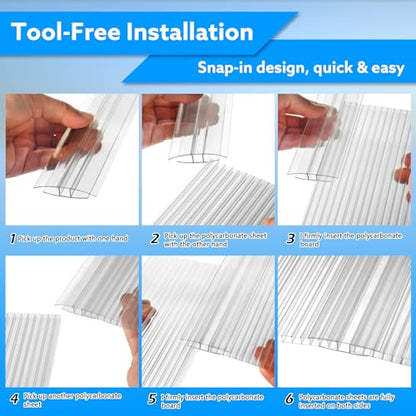 10-Pack 4ft Greenhouse Polycarbonate H-Channel Connectors, Heavy-Duty Twinwall Panel Joiners for 0.32” and 0.4” Panels, Weather Resistant Design, Includes 20 Screws and Work Gloves - size: 4' × 2.32’’ × 0.4’’
