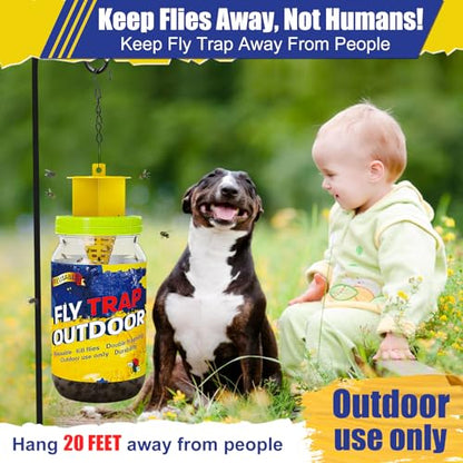 3 Reusable Fly Traps Outdoor Bottles, Fly Killer Catcher Jar with 6 Bait | Flies Bug Insect Trap Control Outdoor Hanging for Outside Barns, Stable, Farm, Patio, with Natural Bait Refills Lure - size: 3 pack