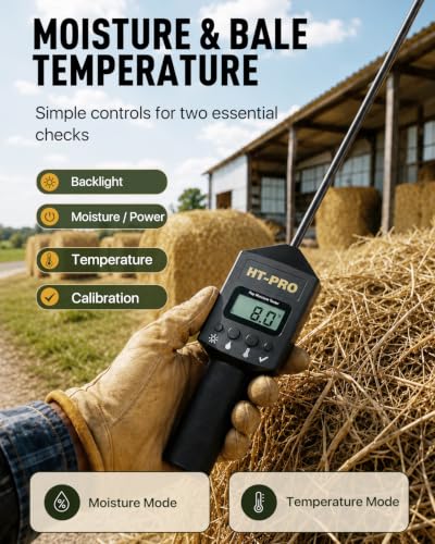 Hay Moisture Tester with 20" Probe, Moisture & Temperature Meter for Round and Square Hay Bales, Fast Backlit Readings, Calibration Clip Included, Black