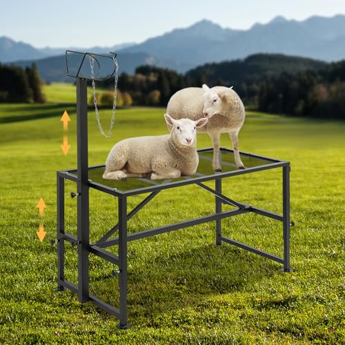Goat Milking Stand with Ramp, 47x23 inch Metal Livestock Trimming Stand with Headpiece 20" to 31" Adjustable Height Livestock Stands for Sheep Goats Lambs 500lbs Capacity