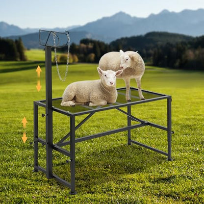 Goat Milking Stand with Ramp, 47x23 inch Metal Livestock Trimming Stand with Headpiece 20" to 31" Adjustable Height Livestock Stands for Sheep Goats Lambs 500lbs Capacity