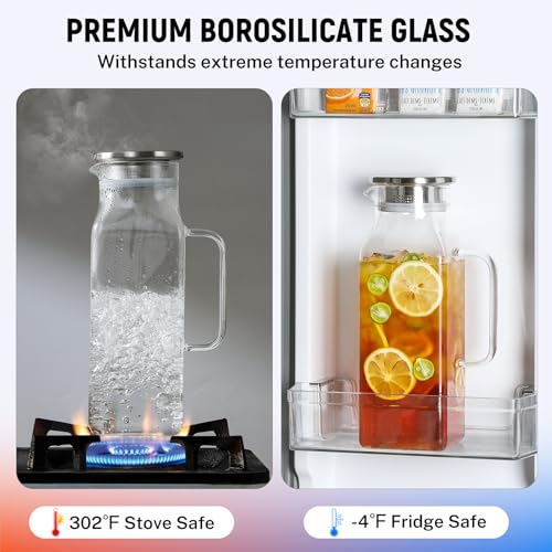 Netany 2 Pack 2.22 Liters/75 oz Square Glass Pitcher with Lid and Handle for Fridge, Iced Tea and Coffee Carafe Beverage Serveware, Heat Resistant Borosilicate Water Jug for Hot/Cold Drinks and Milk - size: 75 oz Clear