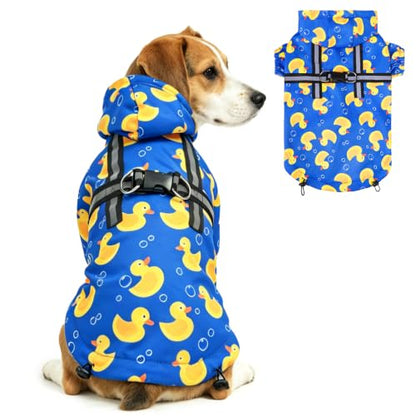 PUPTECK Dog Raincoat with Hood & Harness Built-in, Waterproof Dog Rain Jacket Slicker Poncho Reflective Vest Clothes for Rainy Snowy Winter Cold Days, Blue Duck M - color: Blue, size: M (Back 15", Chest 22.5", Neck 16")