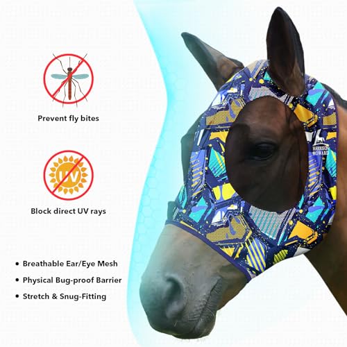 Harrison Howard Super Comfort Stretchy Fly Mask Large Eye Space with UV Protection Soft on Skin with Breathability Graffiti Mix M Cob - color: Graffiti Mix, size: Cob (Medium)