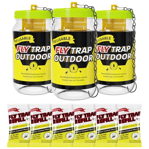 3 Reusable Fly Traps Outdoor Bottles, Fly Killer Catcher Jar with 6 Bait | Flies Bug Insect Trap Control Outdoor Hanging for Outside Barns, Stable, Farm, Patio, with Natural Bait Refills Lure - size: 3 pack1