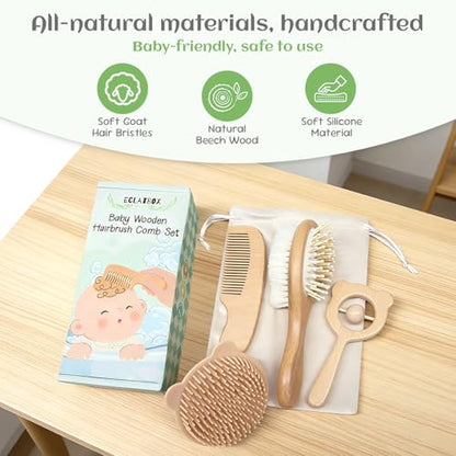 Baby Hair Bush and Comb Set, Wooden Baby Brush for Newborns and Toddlers | Soft Goat Bristle, Perfect for Cradle Cap, Baby Registry Gift, Infant Essentials Care Kit
