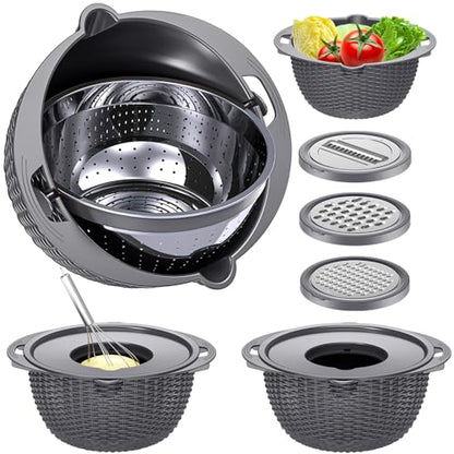 4-1 Colander with Lid Set - Rotatable Strainer With Bowl(Patented), Pasta Strainer with New Upgraded Graters, Strainer And Colanders, Fruit Cleaner, Veggie Wash, Apartment Kitchen Gadgets - Grey - color: Dark Gray