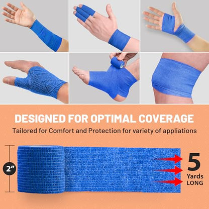Self-Adherent Cohesive Bandage - Blue Medical Wrap - 12 Rolls 2" Wide x 5 Yards Sports Tape for Medical Use, Sports, First Aid and Helps Protect Skin