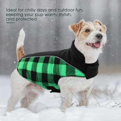 Kuoser Dog Winter Coat, Reversible Waterproof Dog Jacket with Reflective Strip, Warm Dogs Fleece Vest Adjustable Doggy Cold Weather Clothes Plaid Christmas Outfit Pet Apparel for Large Dogs, Green XL - color: Green, size: X-Large (Chest Girth: 24.4-29.9''