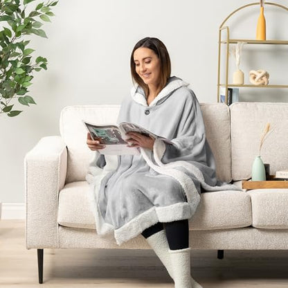 PAVILIA Hooded Blanket Poncho Fleece Wearable Shawl Wrap Throw, Light Grey | Fleece Shawl Wrap with Hood, Adult Wearable Blanket, Cozy Warm Poncho Cape Throw with Pockets, Gift for Elderly Mom - color: Light Grey