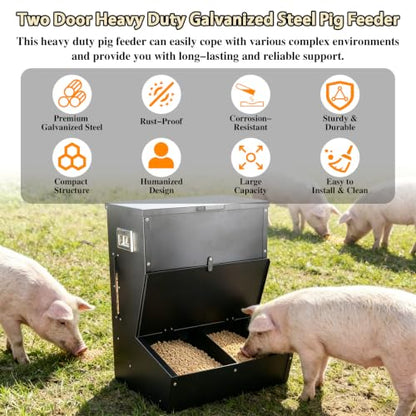 New Upgrade Hog Feeder, Heavy Duty Galvanized Steel Pig Feeder, Multipurpose Livestock Trough - 3.2 Bushels Capacity, Outdoor Pig Feeders with Visible Feed for Feeding up to 7 Hogs (2 Door)