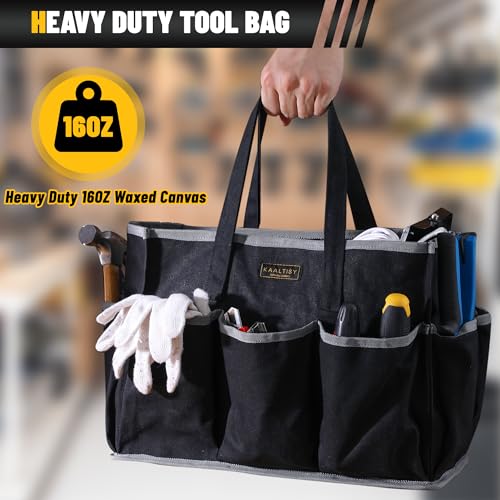 Canvas Tool Tote Bag, Heavy Duty 16oz Waxed Canvas Tool Storage Pouch with 1 Large Compartment & 10 Small Pockets | Multi-Purpose Garden Tool Bag for Horticulturists Mechanics Craftsmen – Black - color: Black