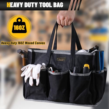 Canvas Tool Tote Bag, Heavy Duty 16oz Waxed Canvas Tool Storage Pouch with 1 Large Compartment & 10 Small Pockets | Multi-Purpose Garden Tool Bag for Horticulturists Mechanics Craftsmen – Black - color: Black