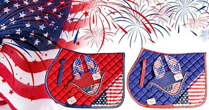 USA Flag Saddle Pad Set with Matching Ear Bonnet – Print Horse Riding Gear – Non-Slip/Breathable – Western/English Show - size: Cob